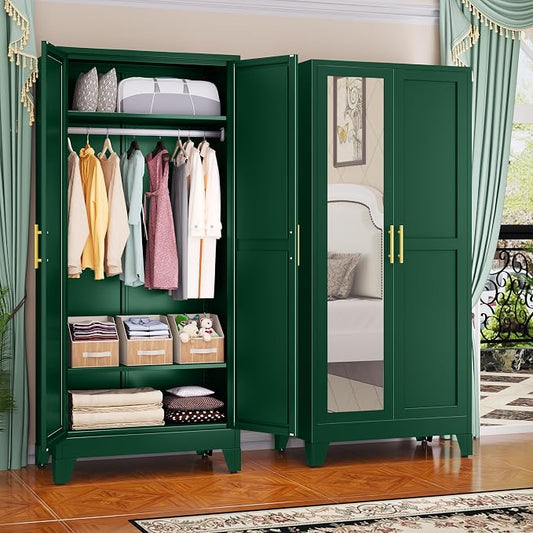 GAIOUS 71" Metal Wardrobe Cabinet with Mirror and Hanging Rod Green | Clothing Storage Cabinets with 2 Doors and Adjustable Shelves, Armoire Wardrobe Closet for Bedroom, Laundry Cloak Room