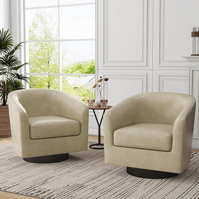 Swivel Barrel Accent Chairs Set of 2, Faux Leather Club Chair Upholstered Armchair for Living Room, Modern Arm Chair Small Single Sofa Bedroom Side Reading Seat - Cream