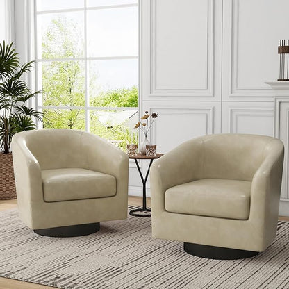 Swivel Barrel Accent Chairs Set of 2, Faux Leather Club Chair Upholstered Armchair for Living Room, Modern Arm Chair Small Single Sofa Bedroom Side Reading Seat - Cream