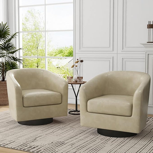 Swivel Barrel Accent Chairs Set of 2, Faux Leather Club Chair Upholstered Armchair for Living Room, Modern Arm Chair Small Single Sofa Bedroom Side Reading Seat - Cream