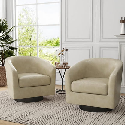 360° Swivel Barrel Accent Chair Armchair, PU Leather Round Club Arm Chair for Lving Room, Modern Upholstered Small Bedroom Single Sofa Seat - Cream, Set of 4