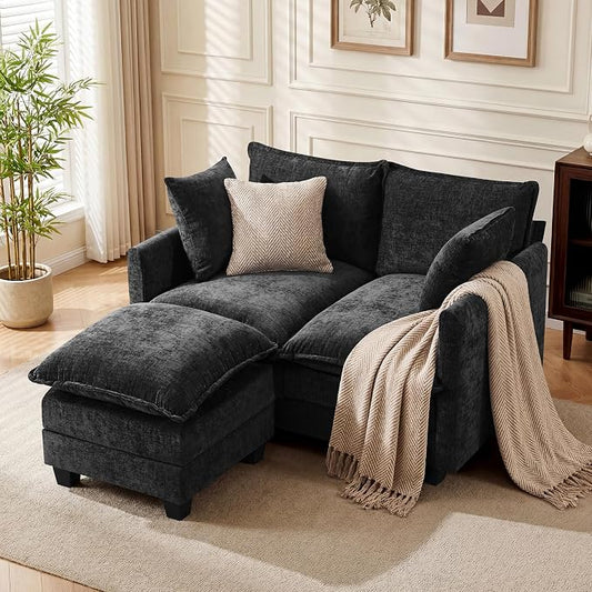 L-Shape Loveseat Sofa Couch with Ottoman, Small 50" Love Seat 27" Deep Cloud Sofa Washable Chenille Pillow for Apartment Bedroom Dorm Attic Studio Office Living Room Small Space 8833-BLACK-L