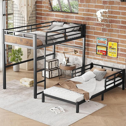 Twin XL Over Twin XL Metal Bunk Bed, Heavy Duty Convertible Bunk Bed Frame with Headboard & Full Guardrails, Can Be Split into Two Platform Beds or Loft Bed,Vintage