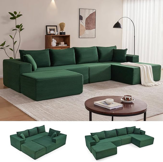 Mangodan 140” Cloud Sectional Couch, Boneless Sofa for Living Room, Modular Sectional Sofa with Deep Seat, Comfy Fluffy U-Shaped Couch with Right-Facing Chaise, No Assembly Required, Green