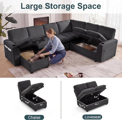 Sectional Sleeper Sofa with Pull Out Bed, Plush Corduroy 7 Seat Modular Sectional Sofa with Storage Chaise and Adjustable Backrest, Cloud Couches for Living Room, Apartment, Dark Grey