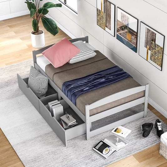 Merax Classic Solid Wood Day Bed with Storage Drawers Platform Bed for Living Room Beedroom Twin Grey