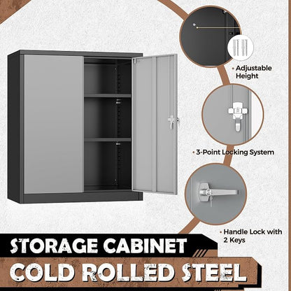 INTERGREAT Metal Storage Cabinet, 36” Steel Locking Cabinet with Doors and Shelves, Black Grey Utility Cabinet Garage Cabinets for Home Office, Garage, Kitchen