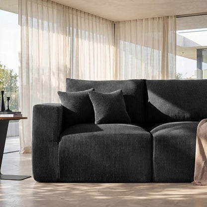 Modular Sectional Sofa, 115" Memory Foam Cloud 3-Seater Boneless Couch, Cozy Upholstered Corduroy Frameless Sofa, No Assembly Required Extra Wide Seating for Living Room & Apartment, Black