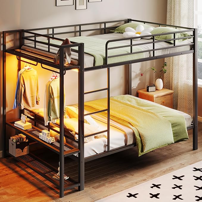 Bellemave Full Over Full Bunk Bed,Metal Bunk Bed with Shelf and Guardrails,Full Bunk beds with Storage Mesh Shelves and Clothes Hooks for Kids, Teens & Adults（Black）