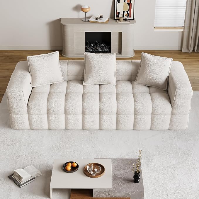 91.3" Boneless Couch,Comfy Cloud Sectional Sofa with Deep Seat,Modern Upholstered Chenille Love Seat Sofa, Oversized Couches for Living Room, No Assembly Required Tufted Sofas, Beige White