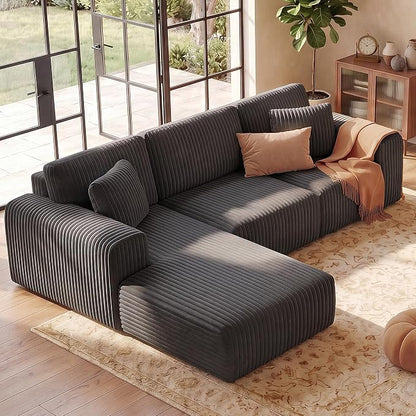 GRUSIGN 107'' Cloud Sectional Boneless Couches for Living Room, Modular L Shaped Couch with Deep Seat Oversized Left Facing Chaise, Memory Foam Compressed Spineless 3 Seater Sofa, Wide-Striped Grey