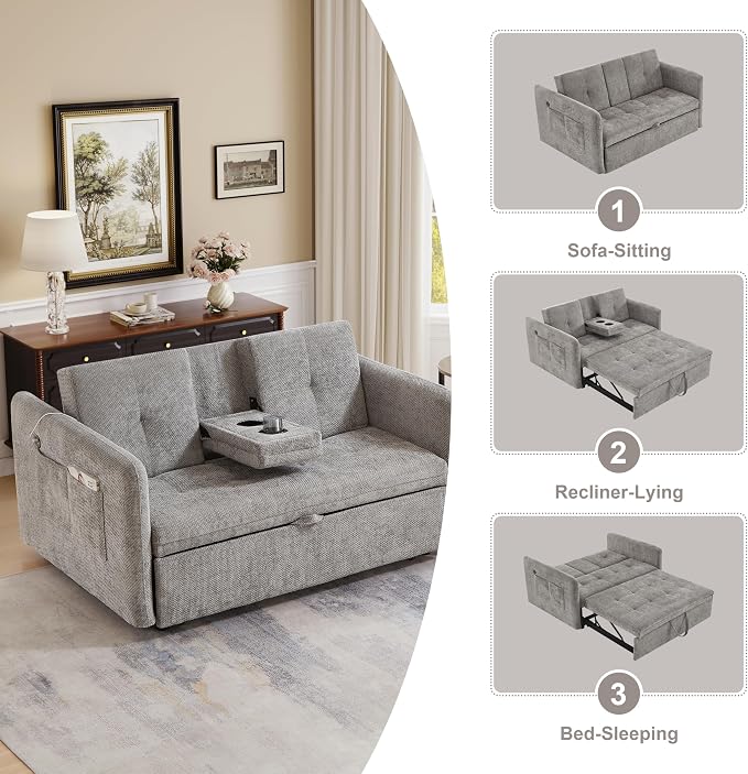 57.48" Convertible Sofa Bed with Cup Holder, Pull Out Sleeper Sofa Bed with USB Charging Ports, 3 in 1 Convertible Sleeper Sofa Bed for Living Room, Apartment, Bedroom, RV, Grey