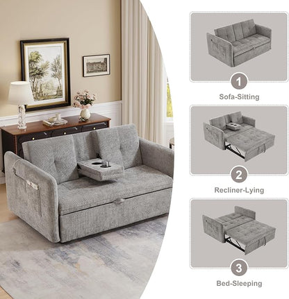 57.48" Convertible Sofa Bed with Cup Holder, Pull Out Sleeper Sofa Bed with USB Charging Ports, 3 in 1 Convertible Sleeper Sofa Bed for Living Room, Apartment, Bedroom, RV, Grey