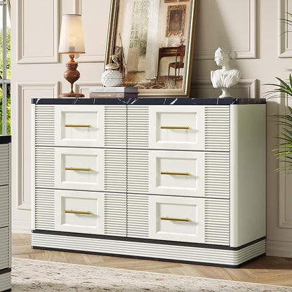 RECHHX Farmhouse 6 Drawers Dresser for Bedroom, 47.2" Wide Large Modern Marble-Effect Chest of Drawers, Wooden Thermoformed Curved Dresser Organizer for Bedroom, Living Room, White