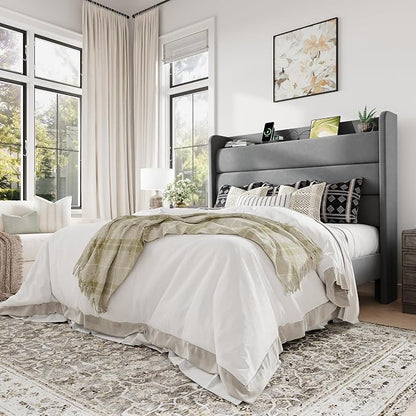 Allewie Queen Size Upholstered Bed Frame with Charging Station & Storage Headboard, Soft Velvet Wingback Platform Bed, Strong Wooden Slats Support, No Box Spring Needed, Easy Assembly, Light Grey