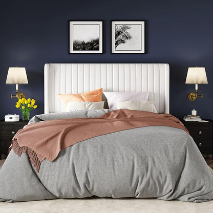 Allewie Queen Size Velvet Bed Frame/Vertical Channel Tufted Wingback Headboard/Upholstered Platform Bed/Strong Wooden Slats/No Box Spring Needed/Easy Assembly/White