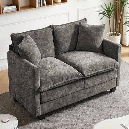 Loveseat Sofa, 52''Modern Cloud Sofa Couch with 27" Deep Seat & 2 Pillows, Comfy Chenille Small Couch for Small Spaces, Apartment, Studio, Bedroom, Living Room (Grey, Loveseat)