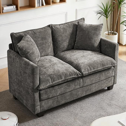 Loveseat Sofa, 52''Modern Cloud Sofa Couch with 27" Deep Seat & 2 Pillows, Comfy Chenille Small Couch for Small Spaces, Apartment, Studio, Bedroom, Living Room (Grey, Loveseat)