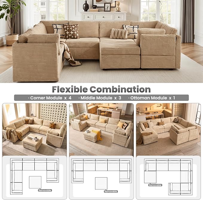 ovios Modular Sectional Sofa Couch with Sofa Bed L-Shape Chaise, Comfy Plush Corduroy Cloud Couches, Modern Luxury Deep Seat Sofas Set for Living Room, 8-Seater, Beige