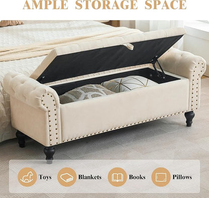 51" Storage Bench for Bedroom, Upholstered Ottoman Bench, Chenille Beige | End of Bed Bench for Bedroom, Window Benches for Living Room, Entryway, Ottoman with Large Storage Space, Pet Friendly