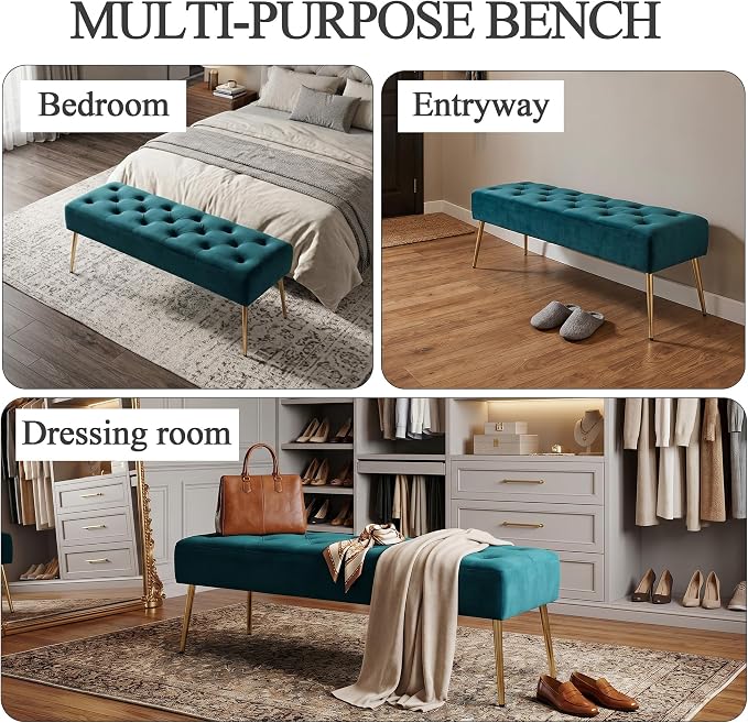 DUHOME Modern Velvet Bench Ottoman, Upholstered Bedroom Benches Footrest Stool Button-Tufted Table Bench Dining Bench with Gold Metal Base for Entryway Dining Room Living Room Bedroom, Atrovirens