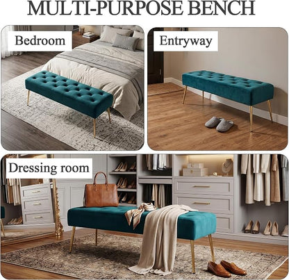 DUHOME Modern Velvet Bench Ottoman, Upholstered Bedroom Benches Footrest Stool Button-Tufted Table Bench Dining Bench with Gold Metal Base for Entryway Dining Room Living Room Bedroom, Atrovirens