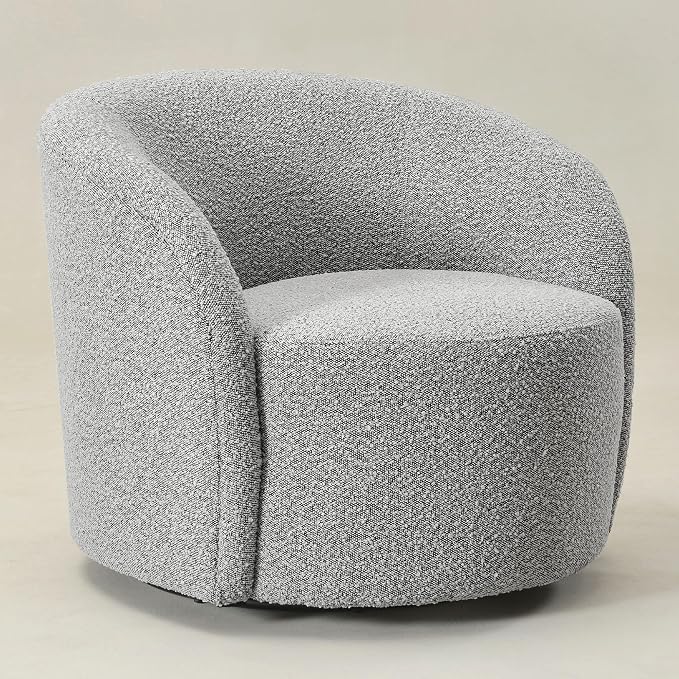 KINWELL 34" W Mid Century Modern Swivel Barrel Chair, Round Upholstered Boucle Swivel Accent Chairs, No Assembly Sofa Chair for Living Room Bedroom Reading Apartment Lounge Nursery(Black White)