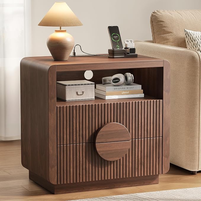 23" Wide Fluted Nightstand, Mid Century Bedside Table with Charging Station, Wood End Table with 2 Drawers and Open Shelf for Bedroom, Home Office, Walnut
