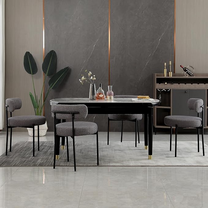 DYHOME Boucle Dining Chairs Set of 4, Upholstered Kitchen Dining Room Chairs, Side Chairs with Thick Cushions and Metal Legs for Kitchen Living Room, Dark Grey