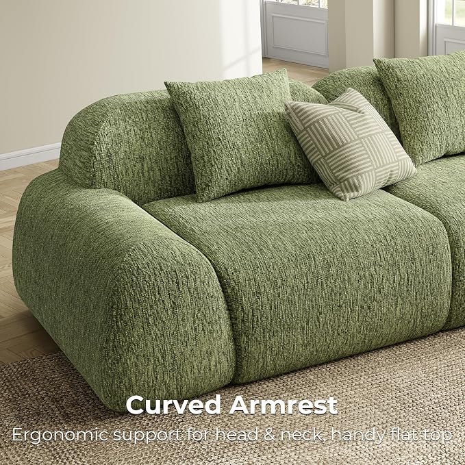 LIKIMIO LumiPebble Modular Sectional Sofa with Ottoman, 110" L-Shaped Boneless Couch for Living Room, Deep Seat with LuxeChenille Upholstery, No Assembly Required, Olive Green