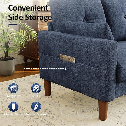 Vipbear 48" Loveseat Sofa,Modern Small Couches for Small Spaces,Blue Chenille Love Seat Couch for Living Room,Bedroom,Apartment,Office,Deep Seat,Throw Pillow,Side Pockets,Square Armrest