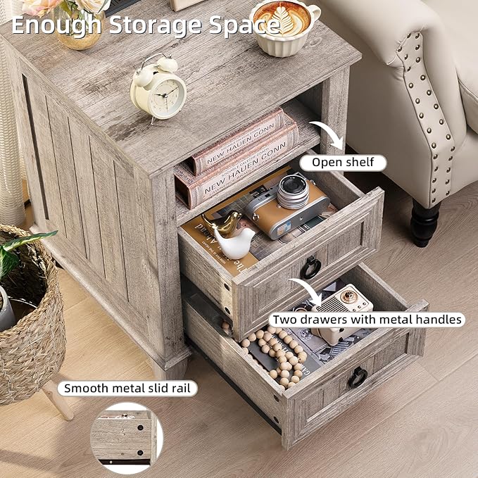 Joaxswe 18" Farmhouse Night Stand with Charging Station, 2 Drawers End Table Dresser for Bedroom, Oak Wooden Nightstand, Bed Side Table with Open Shelf, Bedside Cabinet for Living Room, Closet