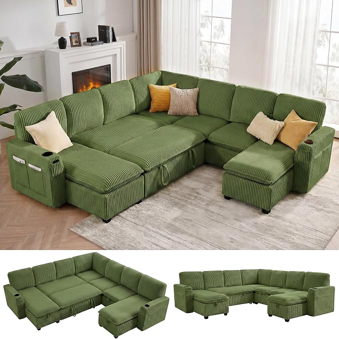 Oversized Sectional Sleeper Sofa with Pull Out Bed, Plush Corduroy 9 Seat Modular Sofa with Storage Chaise and Adjustable Backrest, Cloud Couches for Living Room, Apartment, Green