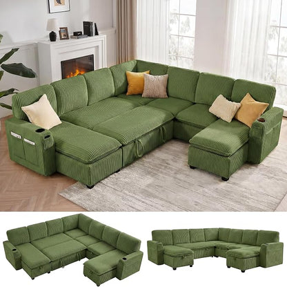 Oversized Sectional Sleeper Sofa with Pull Out Bed, Plush Corduroy 9 Seat Modular Sofa with Storage Chaise and Adjustable Backrest, Cloud Couches for Living Room, Apartment, Green