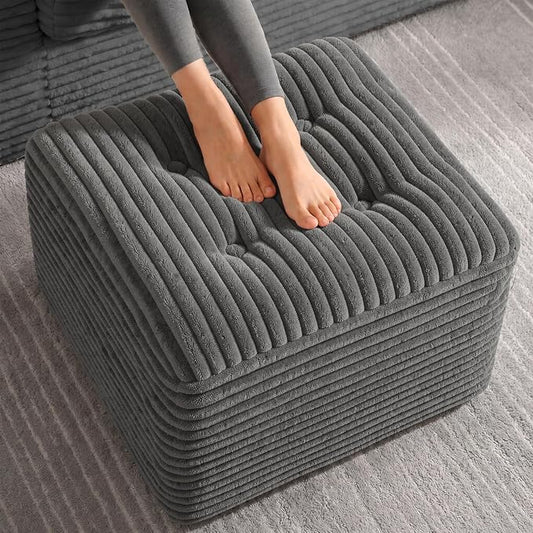 23.6in Pouf Ottoman, Corduroy Ottoman Foot Rest with Dual‑Layer Support, Large Poofy Pouf with Soft Chunk‑Foam Top & Firm Foam Base, Floor Foot Stool for Living Room, Dark Grey