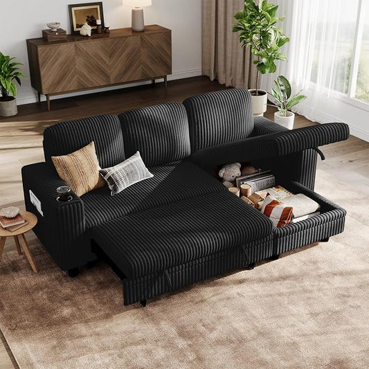 LINSY HOME Sectional Sleeper Sofa with Pull Out Couch Bed - Convertible Plush Corduroy Cloud Couch with Storage Chaise & USB Charging, Comfy L Shaped Modular Couches for Living Room Apartment, Black