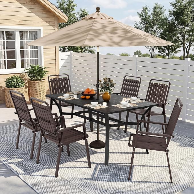 Outdoor Dining Set for 6, Patio Table and Chairs Set with 1.97'' Umbrella Hole, 7pcs Patio Furniture Set 63”x37.8'' Dining Table Set for Porch Deck Backyard Pool