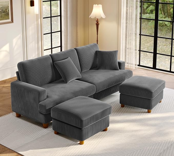 Welzona 87.2" Couches for Living Room, Comfy U Shaped Couch Grey 7.5" Thicker Cushion, Sofas for Living Room Tool-Free Setup, Loveseat with Ottoman 848lbs Support, Corduroy Couch for Bedroom, Office