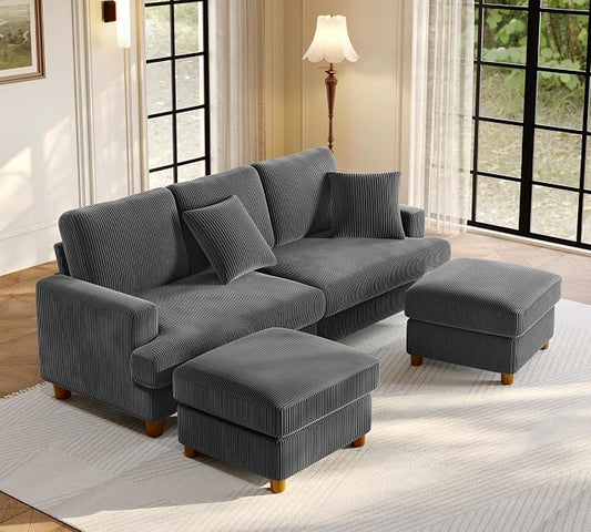 Welzona 87.2" Couches for Living Room, Comfy U Shaped Couch Grey 7.5" Thicker Cushion, Sofas for Living Room Tool-Free Setup, Loveseat with Ottoman 848lbs Support, Corduroy Couch for Bedroom, Office
