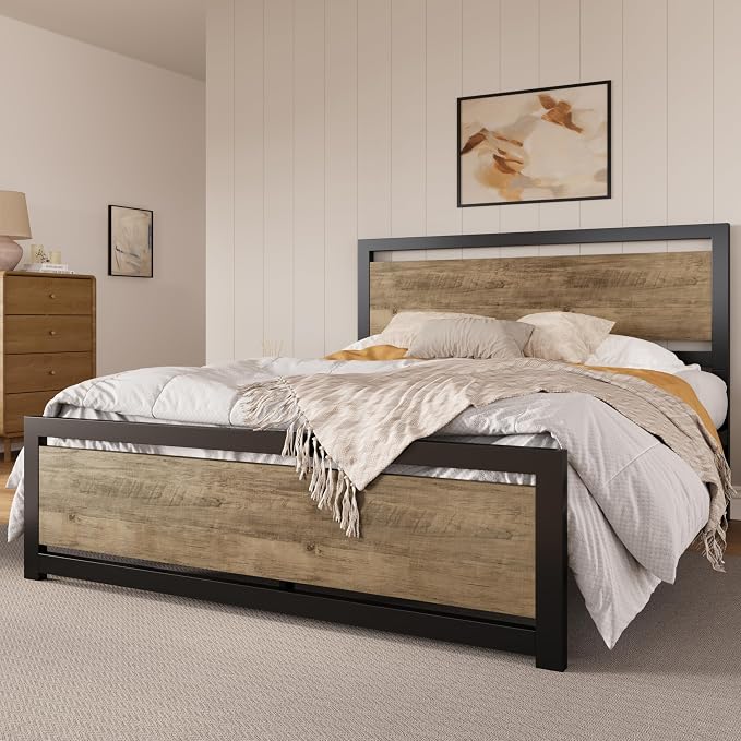 SHA CERLIN Heavy Duty Queen Size Bed Frame with Modern Headboard，Brown | Platform Metal Base with Square Footboard and 13 Strong Slats Support, No Box Spring Needed