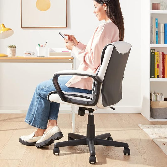 Amazon Basics Office Task Chair with Adjustable Height, 360° Swivel, Padded Armrests, Mid-Back, 275 Pound Capacity, BIFMA Certified, 24.2"D x 24"W x 38.6"H, White Faux Leather