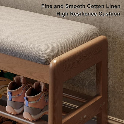 AQIMUELE Shoe Rack Bench,2 Tiers Shoe Bench with Storage with Flip-Top,Wood Shoe Rack for Entryway,Hallway（Walnut Upholstered Seat,11.8" D x 23.62" W x 15.7" H）