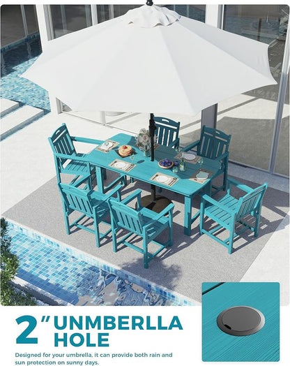 Ciokea HDPE Outdoor Dining Set, 7-Piece Patio Table and Chairs Set with Umbrella Hole, All-Weather Patio Dining Sets for 6, Durable Patio Furniture for Backyard, Garden, Lawn & Poolside, Lake Blue