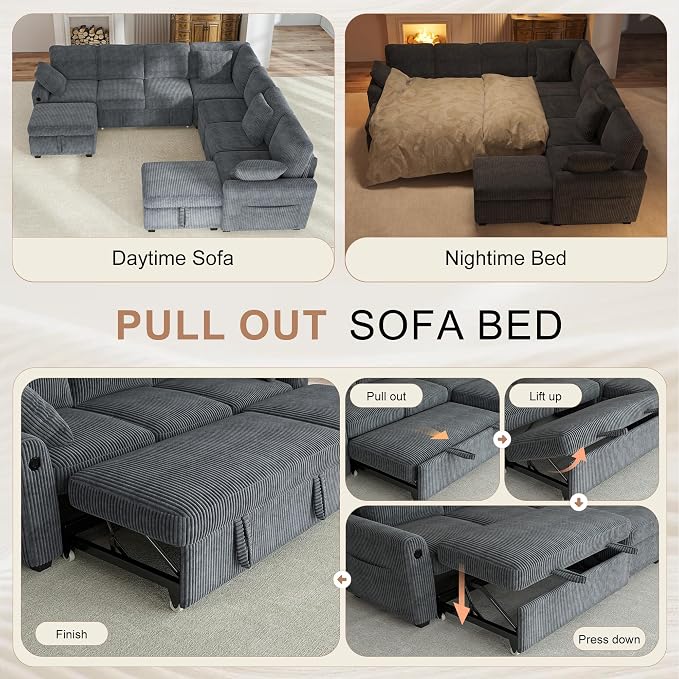 Hanherry 106" Sectional Sofa with Pull Out Couch Bed,7 Seat Corduroy Sleeper Sofa with 2 Seat Storage & USB Charging,Storage Ottoman,Comfy Modular Couches for Living Room,Apartment