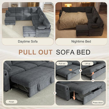 Hanherry 106" Sectional Sofa with Pull Out Couch Bed,7 Seat Corduroy Sleeper Sofa with 2 Seat Storage & USB Charging,Storage Ottoman,Comfy Modular Couches for Living Room,Apartment