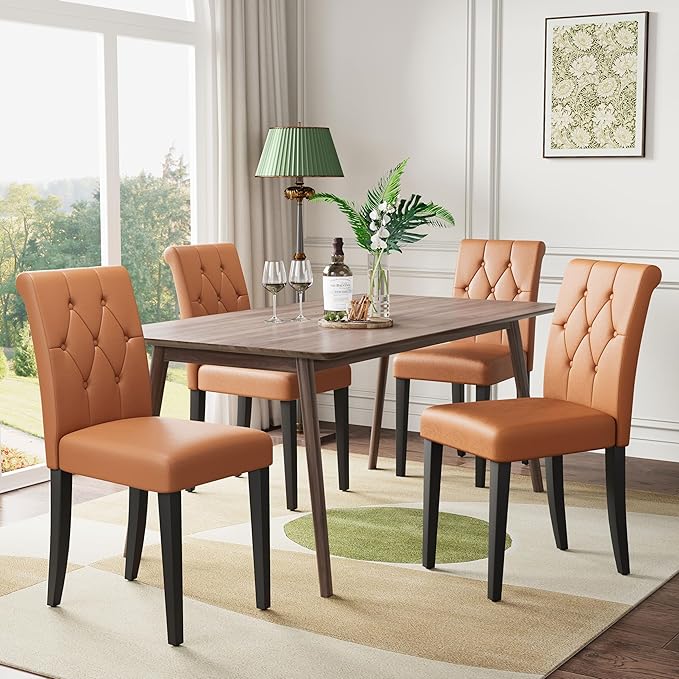 Welzona Upholstered Dining Chairs Set of 4, Button Tufted Parsons Dining Chair with Solid Wood Legs, Modern PU Leather Side Chair for Dining Room/Kitchen/Restaurant/Hotel- Brown