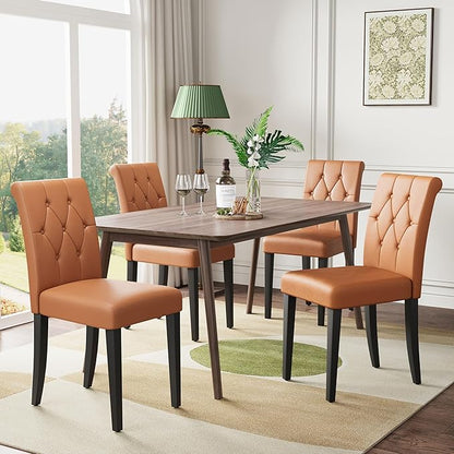 Welzona Upholstered Dining Chairs Set of 4, Button Tufted Parsons Dining Chair with Solid Wood Legs, Modern PU Leather Side Chair for Dining Room/Kitchen/Restaurant/Hotel- Brown