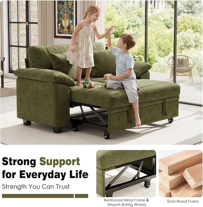 Ihanherry 61" Loveseat Sleeper Sofa, 2-in-1 Pull Out Couch Bed with 2 Pillows, Chenille Convertible Sofa Bed, Small Space Sleeper Couch for Living Room Apartment (Green)