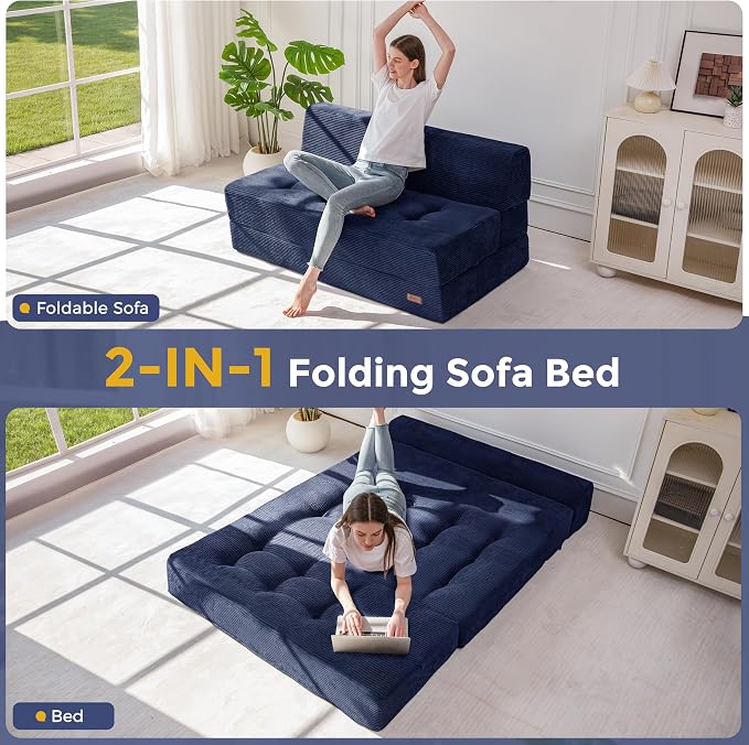 MAXYOYO 8" Folding Sofa Bed, Fold Out Chair Bed, Convertible Floor Sofa Couch, High-Density Foam Tufted Lounge Couch for Living Room Bedroom Dorm, Loveseat, Navy