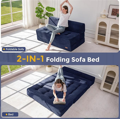 MAXYOYO 8" Folding Sofa Bed, Fold Out Chair Bed, Convertible Floor Sofa Couch, High-Density Foam Tufted Lounge Couch for Living Room Bedroom Dorm, Loveseat, Navy